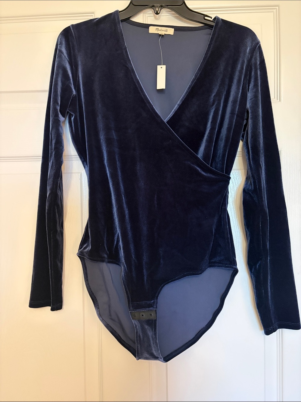 Madewell Navy Velvet Wrap-Front Long Sleeve Bodysuit